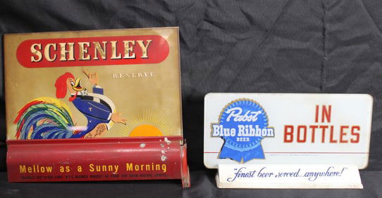 Pabst Blue Ribbon and Schenley Whiskey Glass Signs