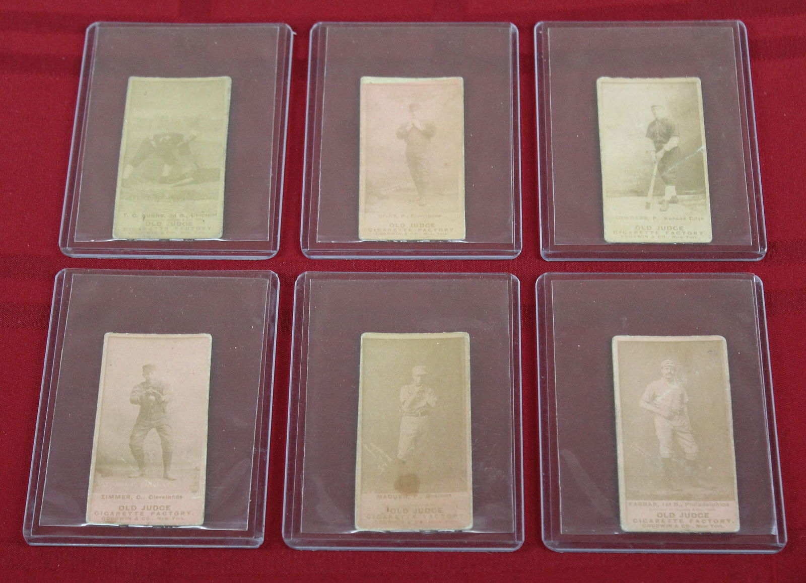 6-Thomas Burns, Bobby Gilks, Chief Zimmer, John Sowders, Michael Madden, Sid Farrar N172 Old Judge: 6-1880s N172 Old Judge Baseball Tobacco Cards. 1887 Thomas Burns (Chicago) 59-1c. 1889 Bobby Gilks (Cleveland) #187-4a. 1887 Chief Zimmer (Cleveland) #511-3a. 1887 John Sowders (Kansas City) #432-4a.