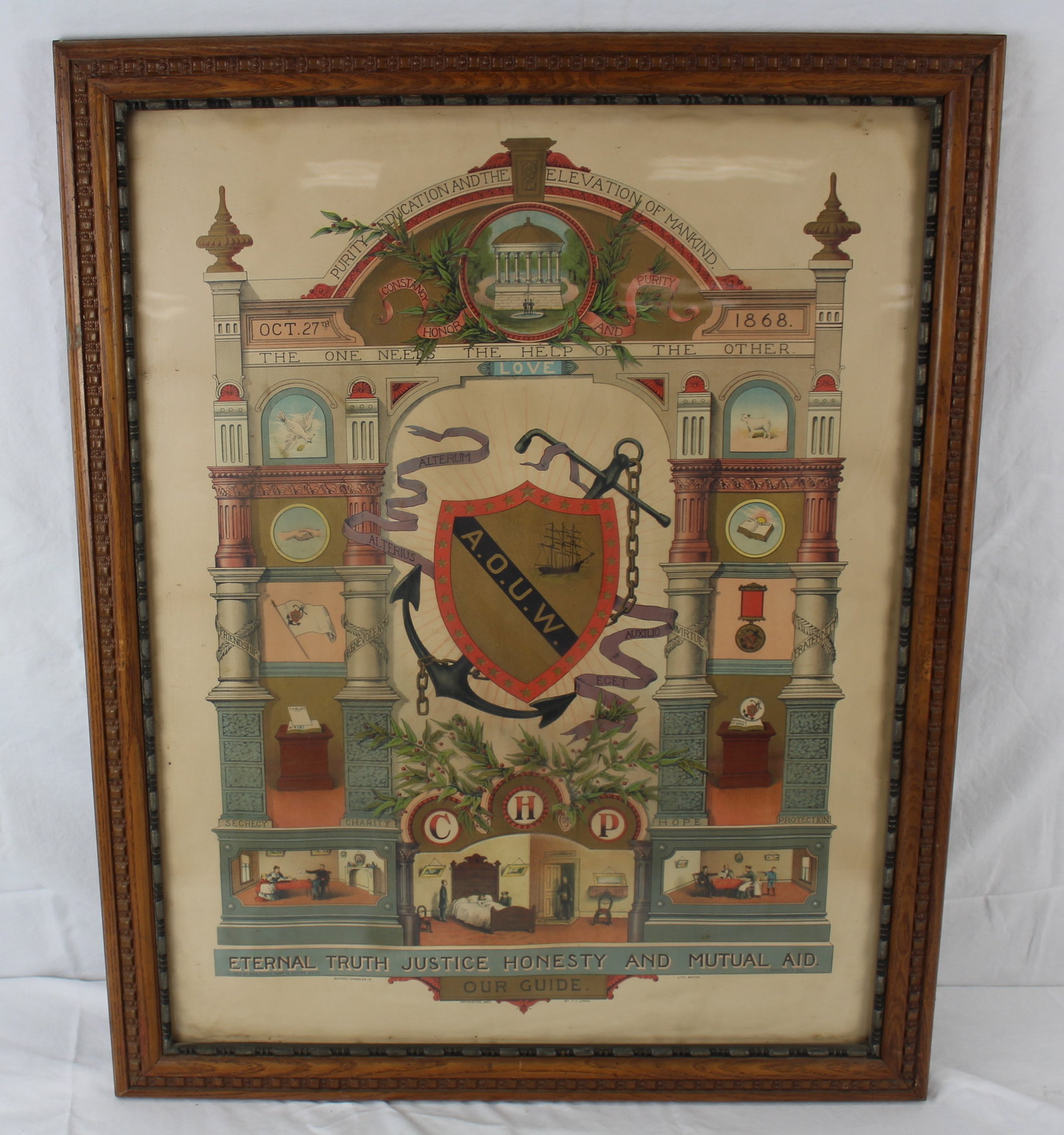 A.O.U.W Original Chromo Lithograph: A.O.U.W Original Chromo Lithograph. Iconic lithograph of the crest and scenes of the Ancient Order of United Workmen created by John H. Bufford, Eugene B. Roncarti and Thomas C. Loring. The center