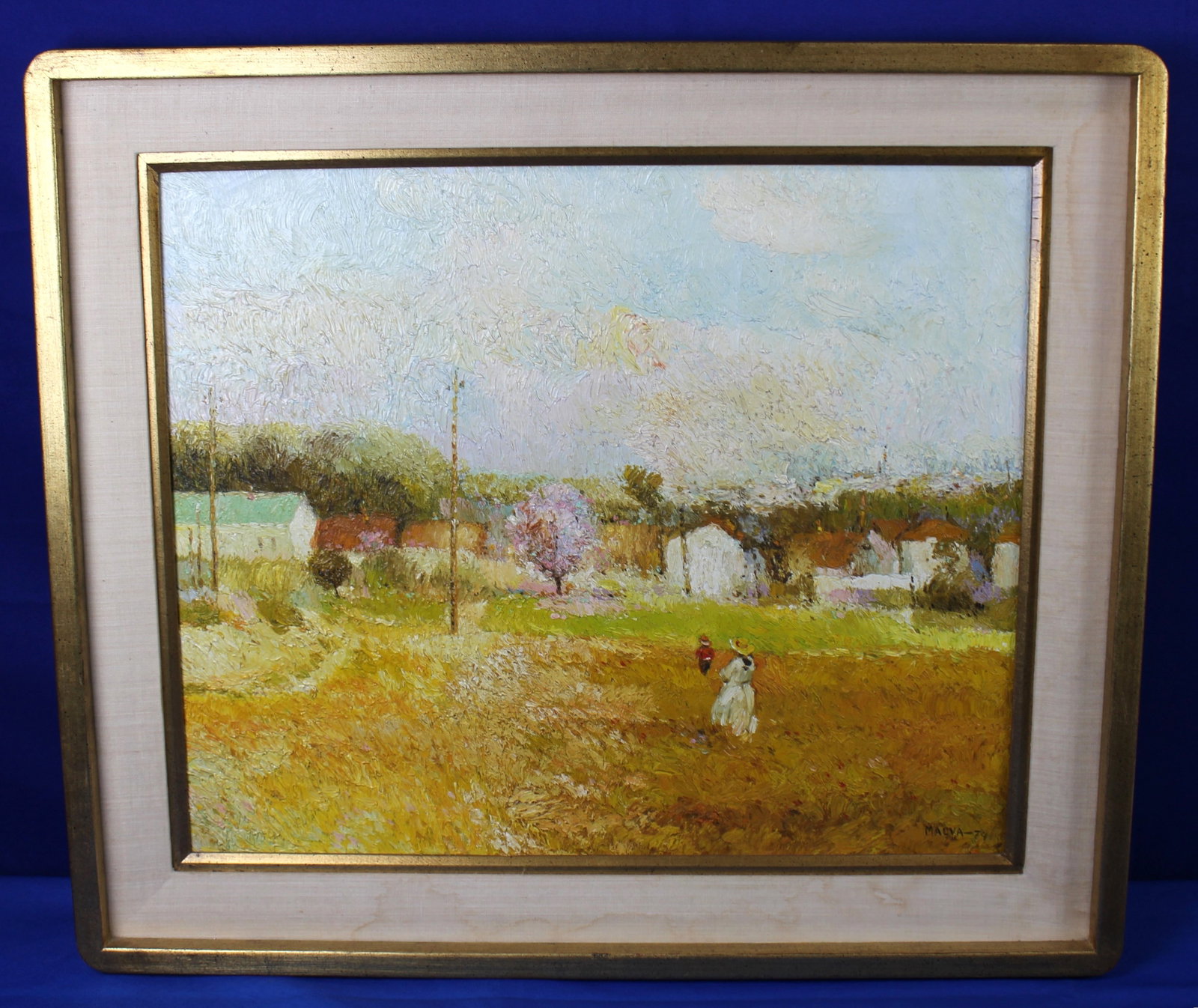 Omar Malva Oil Painting of Woman and Child in a Field: Oil Painting by Omar Malva with warm orange, yellow, and blue colors depicting a woman with a child in a field with a town in the background. The painting is signed and dated in the bottom right corne