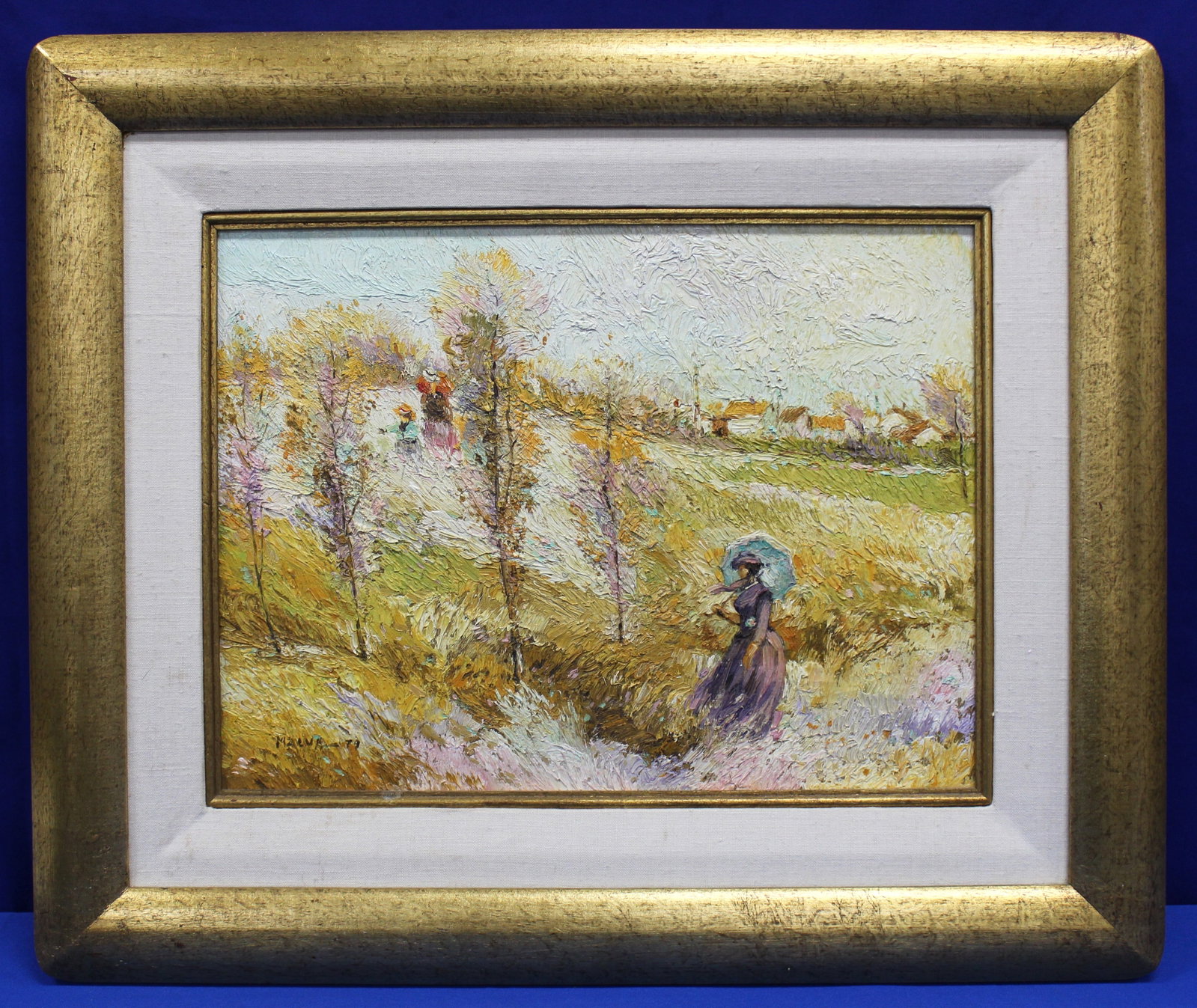 Omar Malva Oil Painting Autumn Scene of Woman: Beautiful oil painting by Omar Malva with warm orange, yellow and blue colors depicting an autumn scene with a woman taking a walk. The painting is signed "Malva" in the bottom right corner. Overall t