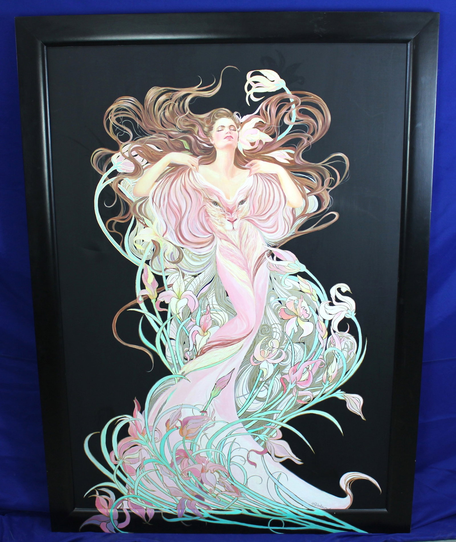 Sandra Wakeen Large Painting of Woman: Large painting of a woman in a pink dress surrounded by flowers that is signed Sandra Wakeen in the bottom right corner. The painting continues on the bottom of the frame. The frame has some very ligh