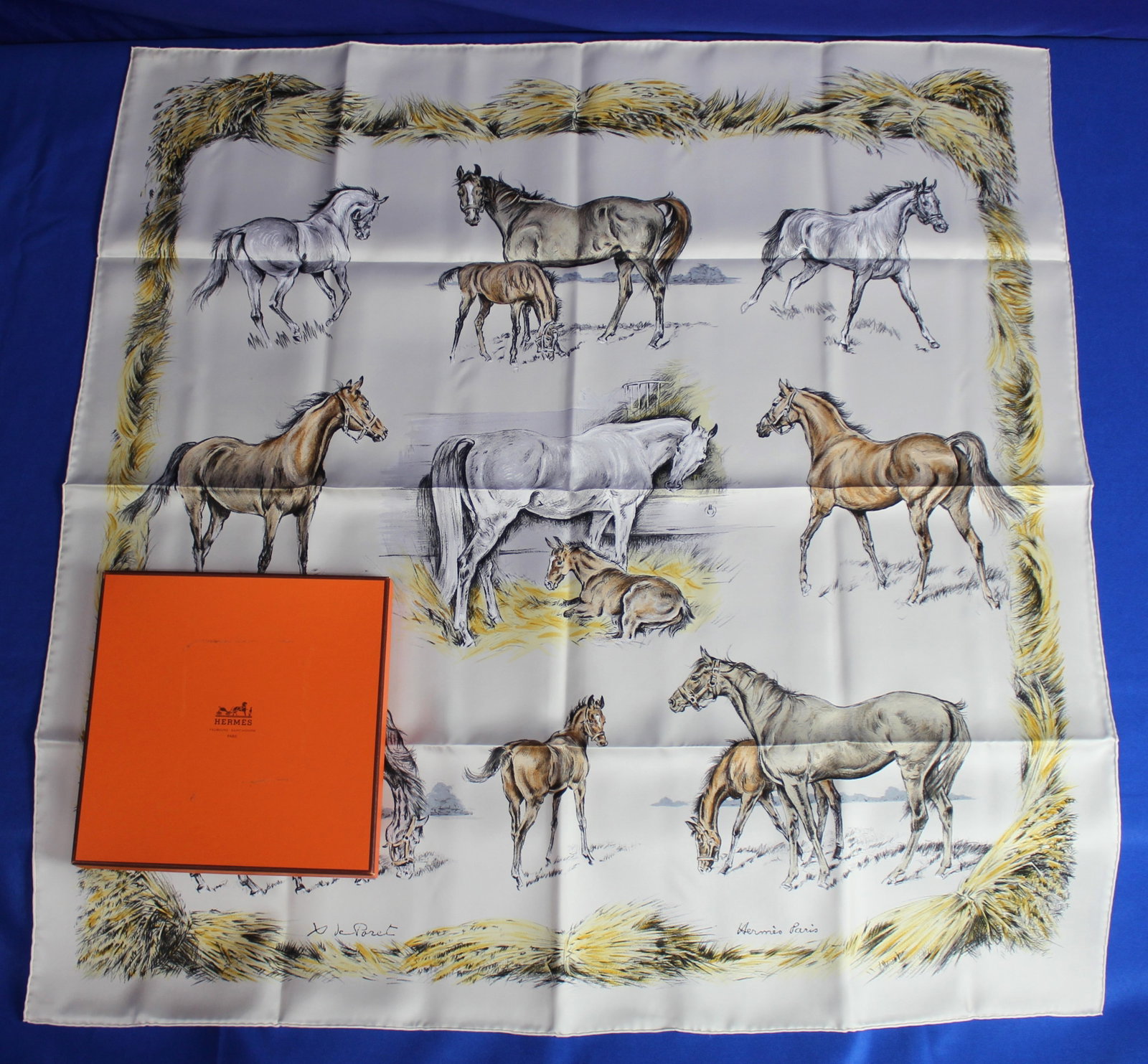 Hermes "Les Palains" Equestrian Horses Silk Scarf: Amazing Hermes "Les Palains" 90cm silk scarf with brown and gray haired horses. The scarf has a Hermes mark and the signature of the artist in the bottom left corner along with a Hermes signature in t