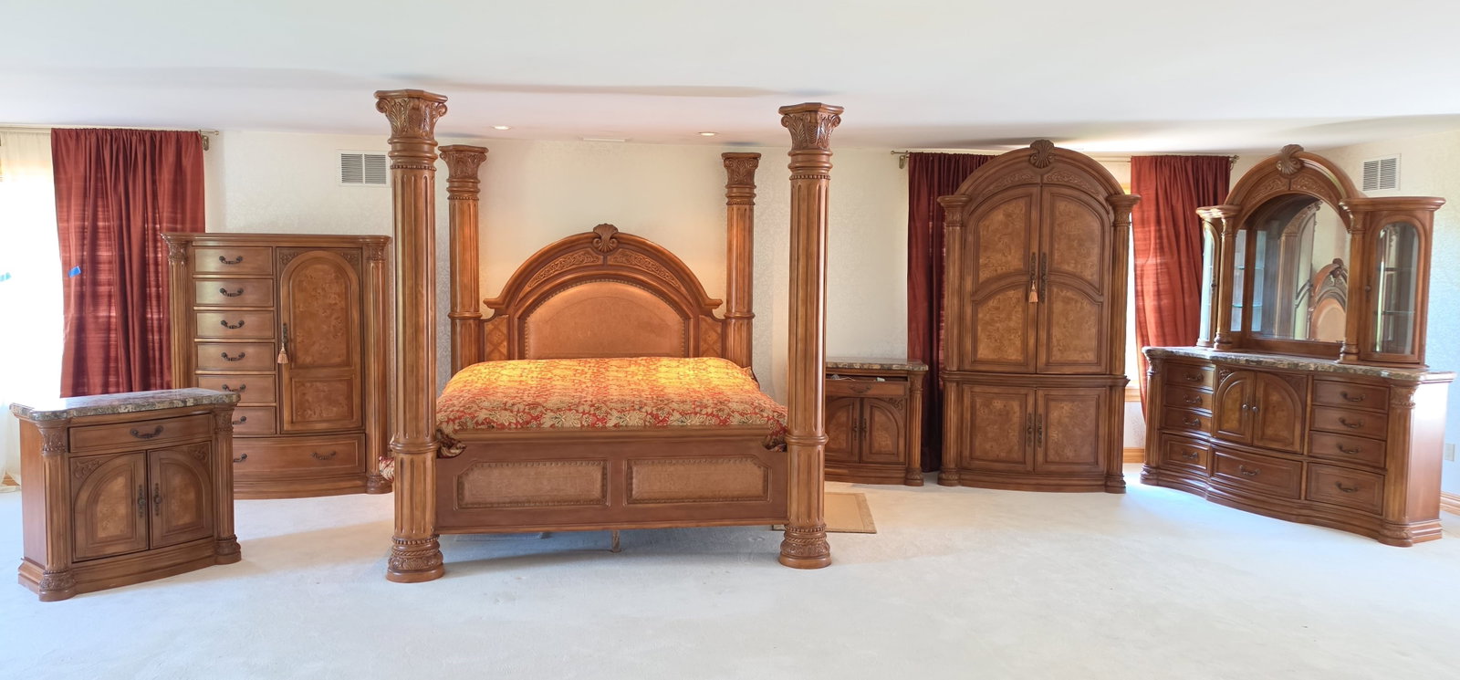 Aico Monte Carlo Collection Pecan Finish Bedroom Set: King size pecan finish bedroom set made by Aico designed by Michael Amini from the Monte Carlo collection. The set consists of the king canopy bed, two marble top nightstands, a marble top dresser wit
