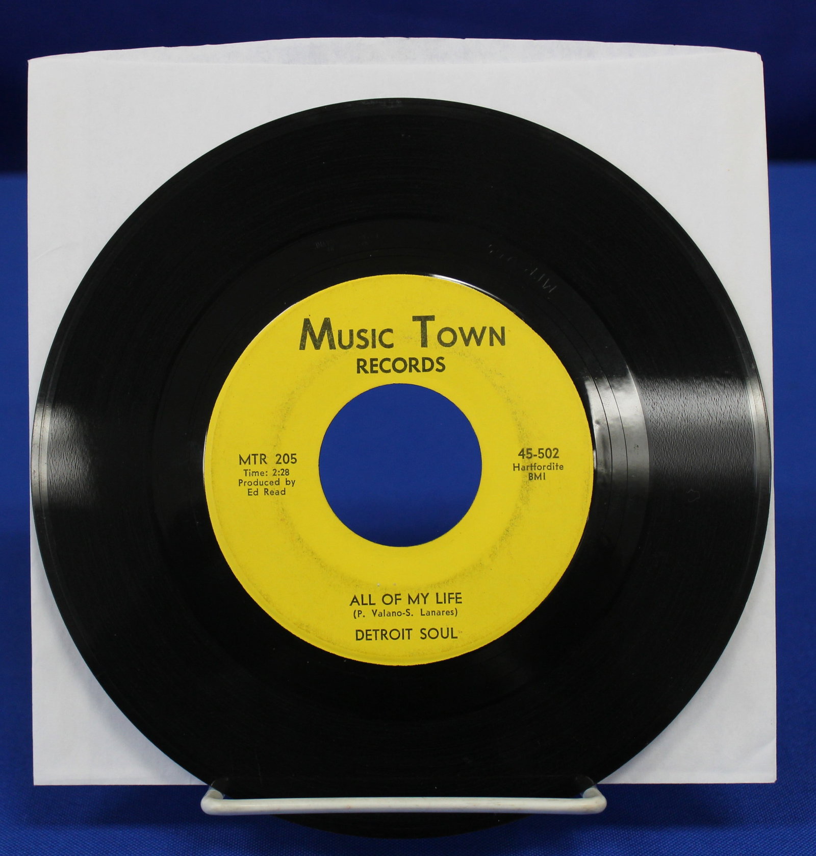 "All of My Life" by Detroit Soul 45rpm Record: Garage rock and soul 45 by Detroit Soul on Music Town Records from 1967. The runouts on the "All of My Life" side are MTR - 205. In the dead wax it says mastering by Frankford/Wayne. The runouts on