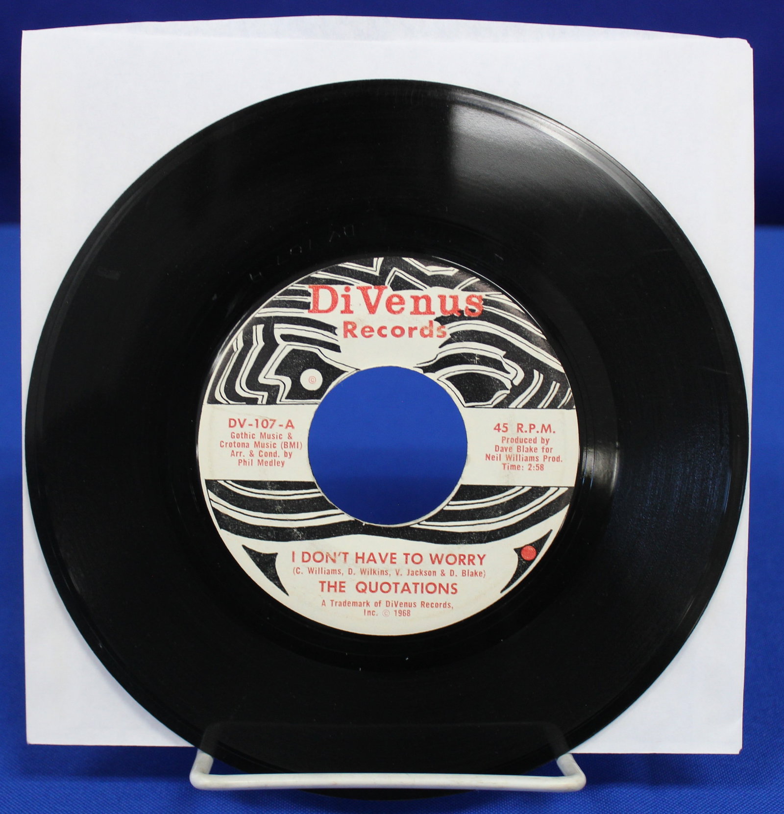 "Don't Have to Worry" by The Quotations 45rpm Record: Soul 45 by The Quotations on DiVenus Records from 1968. The runouts on side A are DV 107 - A and the letter I. The runouts on side 2 are DV 107 - B and the letter I along with a very faint stamp that