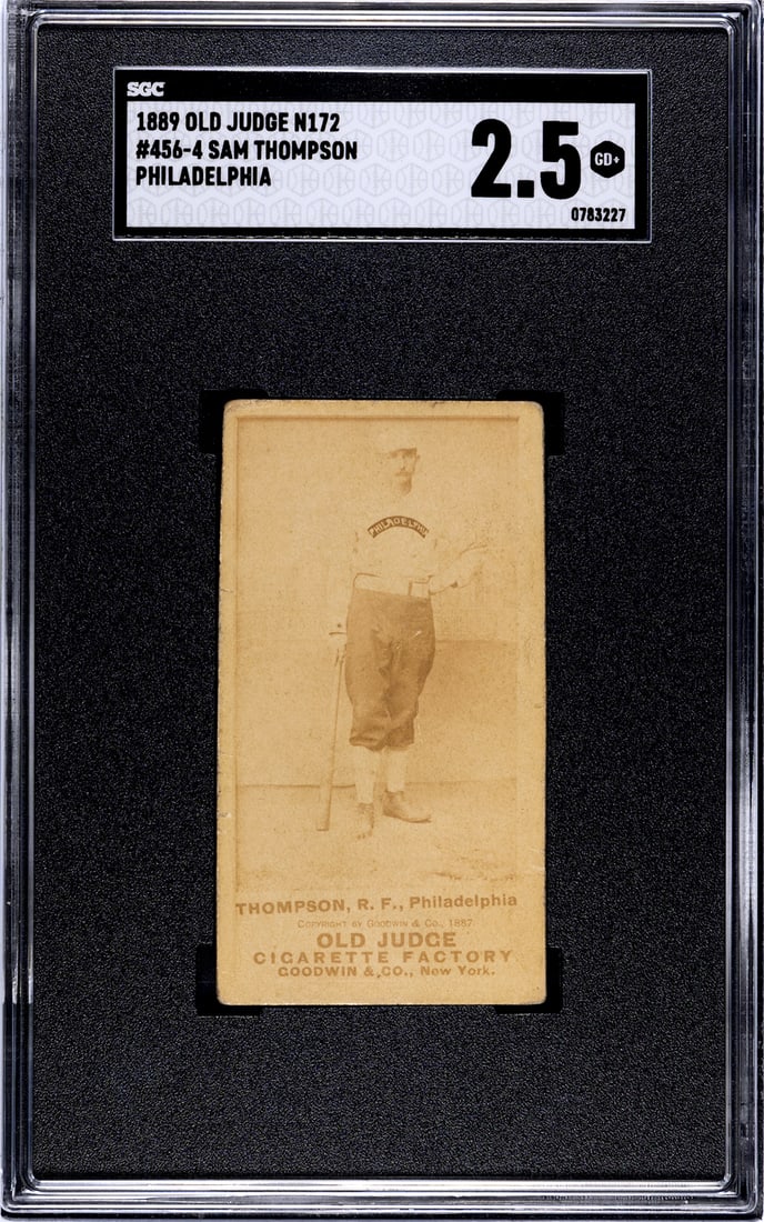 1889 Sam Thompson HOF N172 Old Judge 456-4 SGC 2.5: 1889 Sam Thompson Hall of Famer N172 Old Judge Baseball Tobacco Card 456-4 SGC 2.5. This card features Hall of Famer Sam Thompson of Philadelphia in a classic batting pose. This #456-4 pose is among t