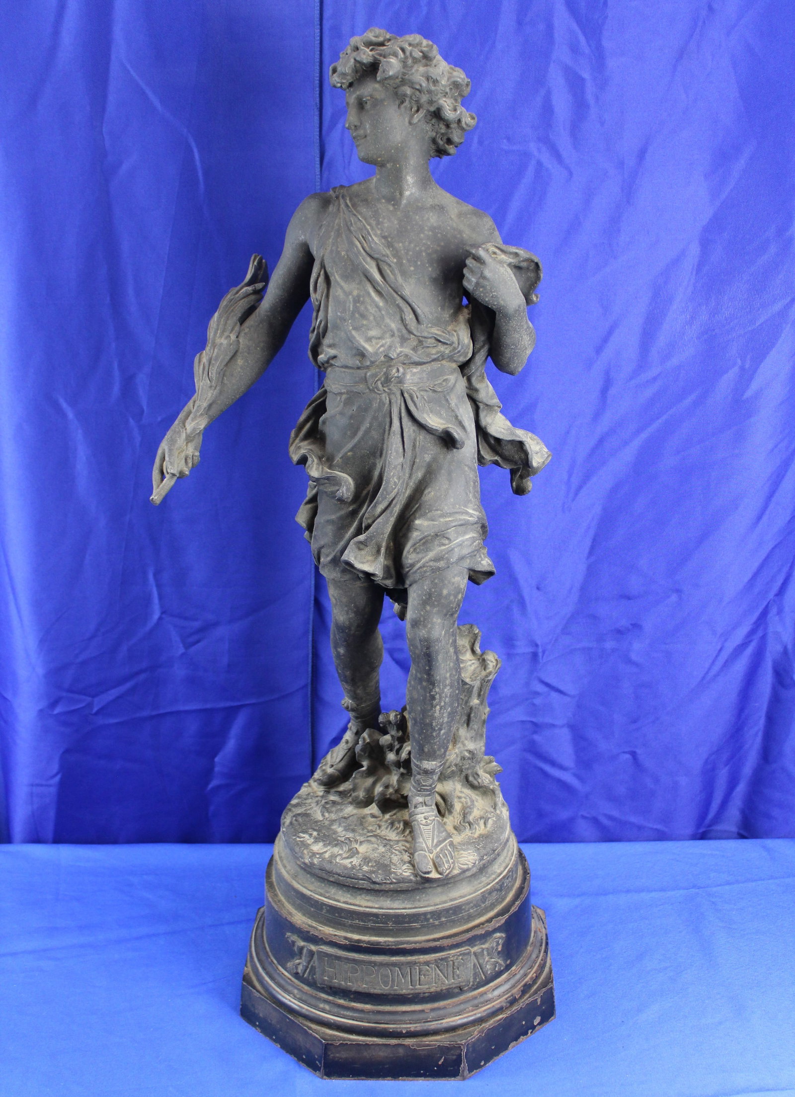 Hippolyte Francois Moreau "Hippomene" Bronze Statue: Bronze statue of Hippomene by Hippolyte Francois Moreau. The statue is of a young man with a scroll plaque on the base with the name Hippomene. The statue has some light wear, but overall is in very g