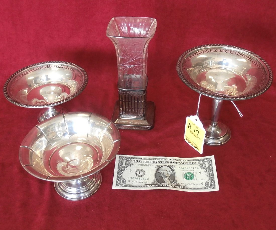 Four Piece Sterling Silver Lot: Four piece weighted sterling silver lot, 3 sterling compotes and one sterling reticulated vase w/cut glass insert. Has chip.