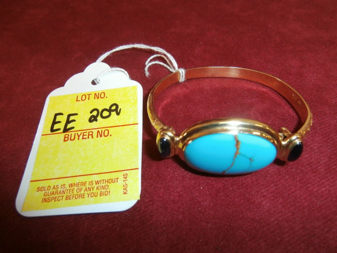 22Kt Gold Bangle Bracelet: 22kt gold bangle bracelet with persia untreated turquoise and 2 sapphires