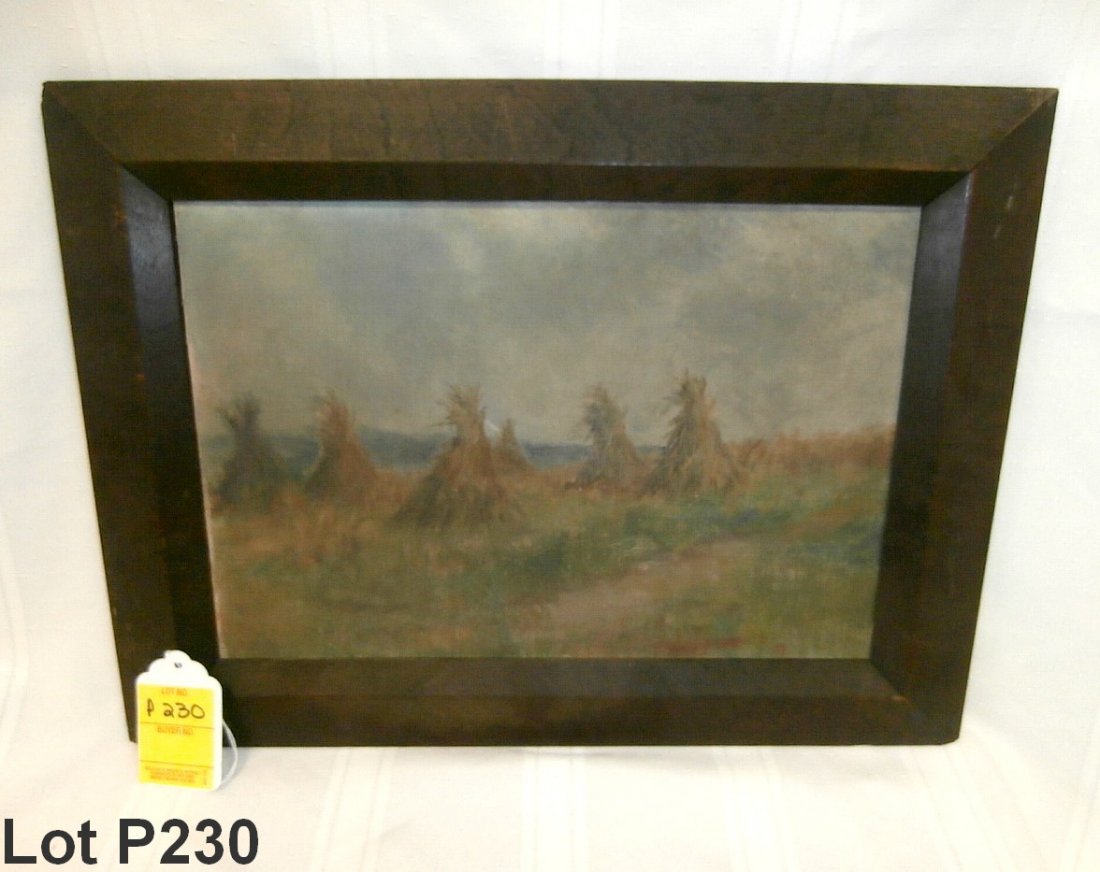 Painting Of Hay Stacks: Painting of hay stacks on academy board, 12 1/2" wide X 8 1/2" high, marked on back Hayden painting