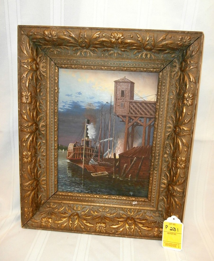 Painting Of Harbor: Oil on canvas painting of harbor with a riverboat, Signed DW, 9"X 12"