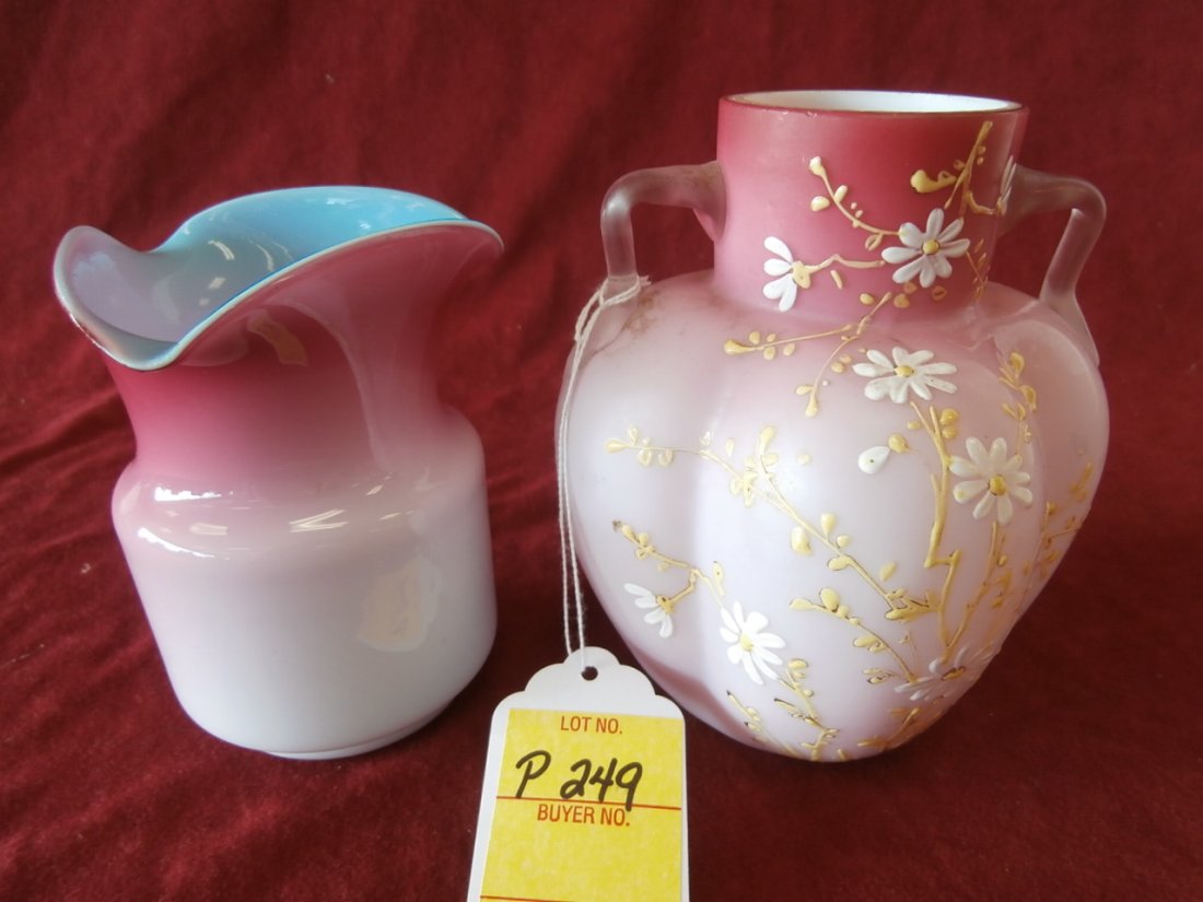 Set Of "2" Peachblow Vases: Set of "2" Peachblow vases. 5" X 3 1/2" 3-flute top, 6" X 5" dia. 2-handle w/white and yellow flowers.