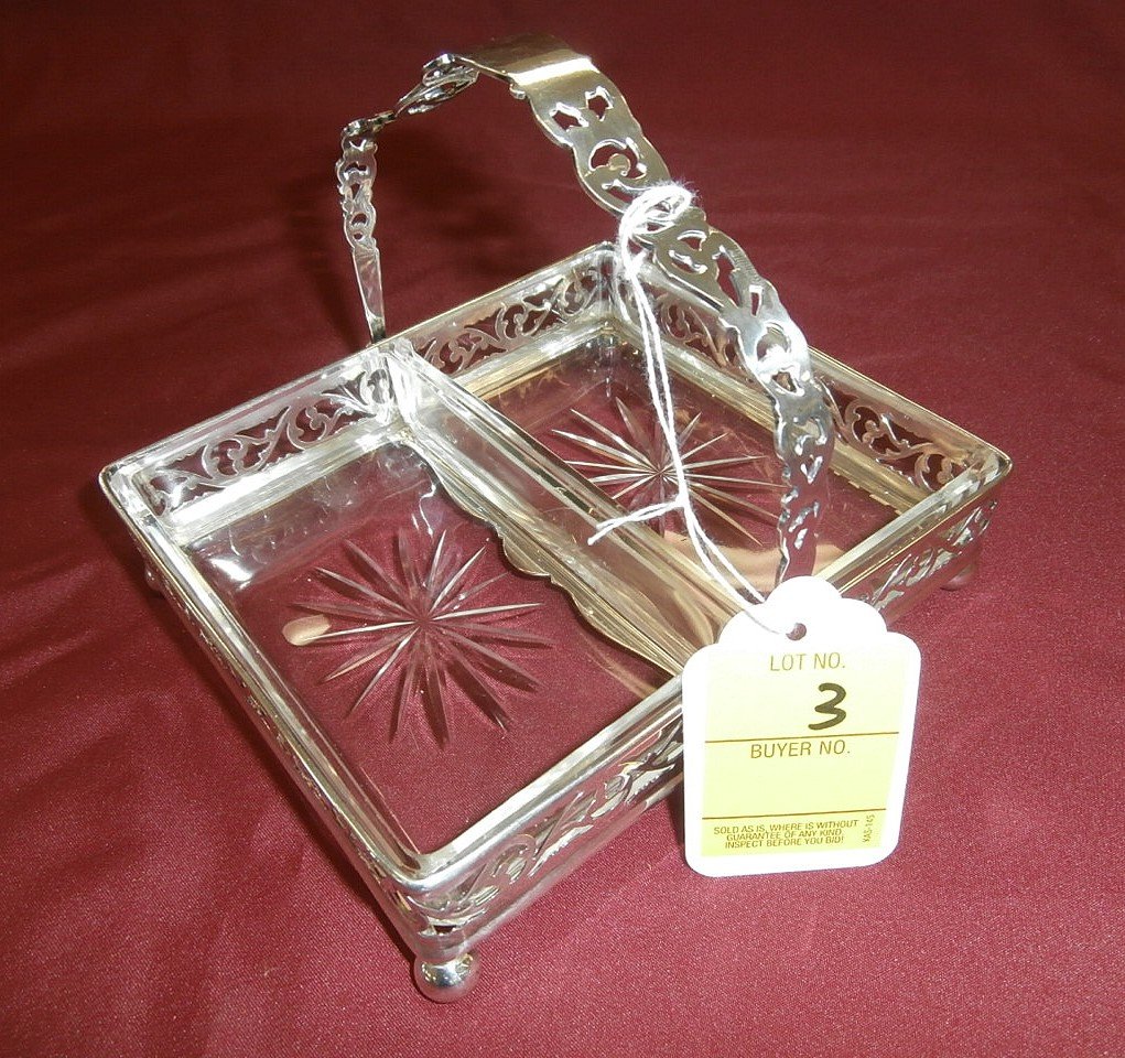 Sterling Silver Square Dish with Handle: Sterling Silver Square Dish with Handle and Two Glass Trays 6.0 OZT