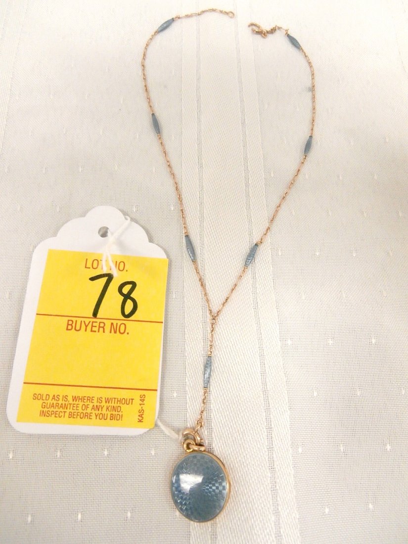 14Kt Blue Enamel Decorated Locket and Chain: 14Kt Gold Blue Enamel Decorated Locket and Chain 3.5 dwt clasp in need of repair