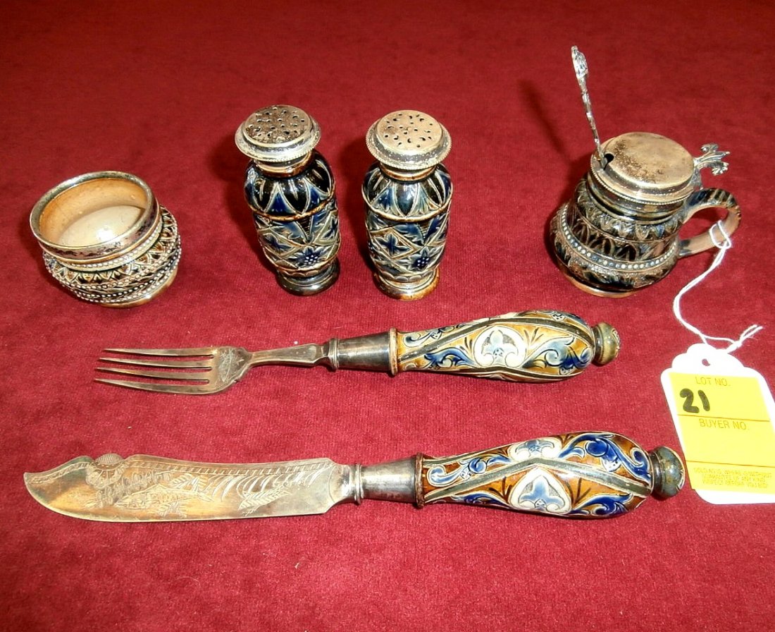 Royal Doulton Lambeth Stoneware 6pc Lot: Royal Doulton Lambeth Stoneware 6pc Lot incs. Salt and pepper shakers 1 repaired base, covered salt, open salt, fork, and knife