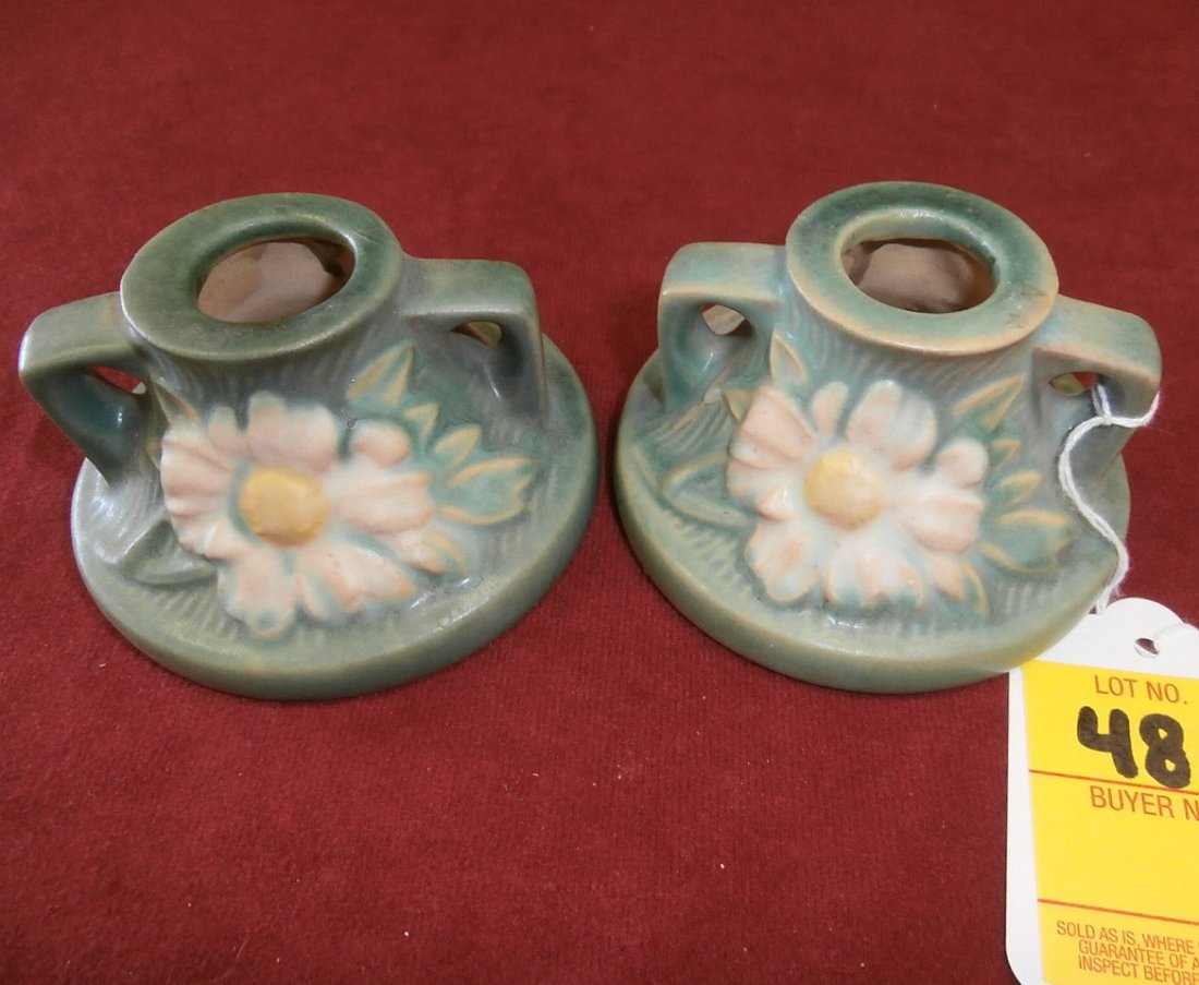 Roseville Peony Green Candle Sticks #115-2: Roseville Peony Green Candle Sticks #115-2