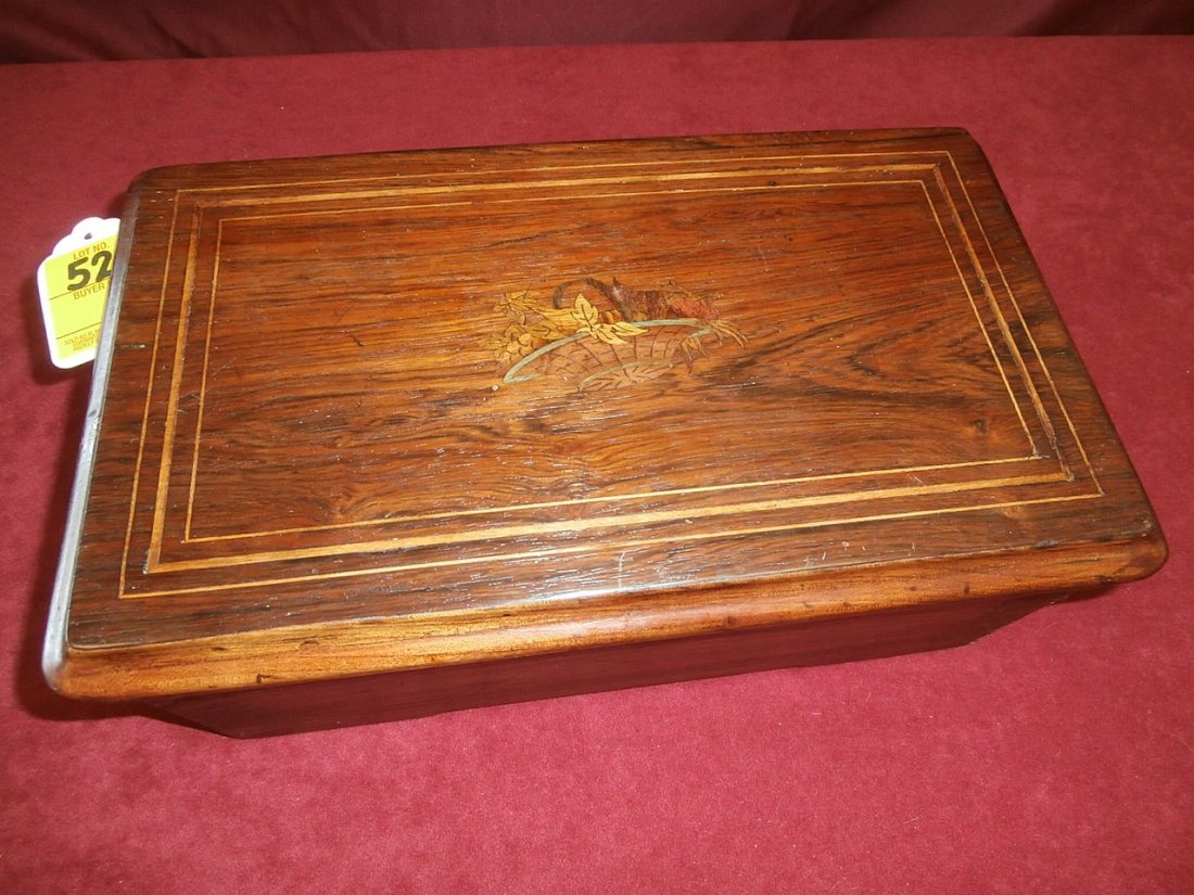 Six Tune Cylinder Music Box Inlaid Case Refinished: Six Tune Cylinder Music Box Inlaid Case with applied decoration, has been refinished 14"x7 1/2"x5 1/4"