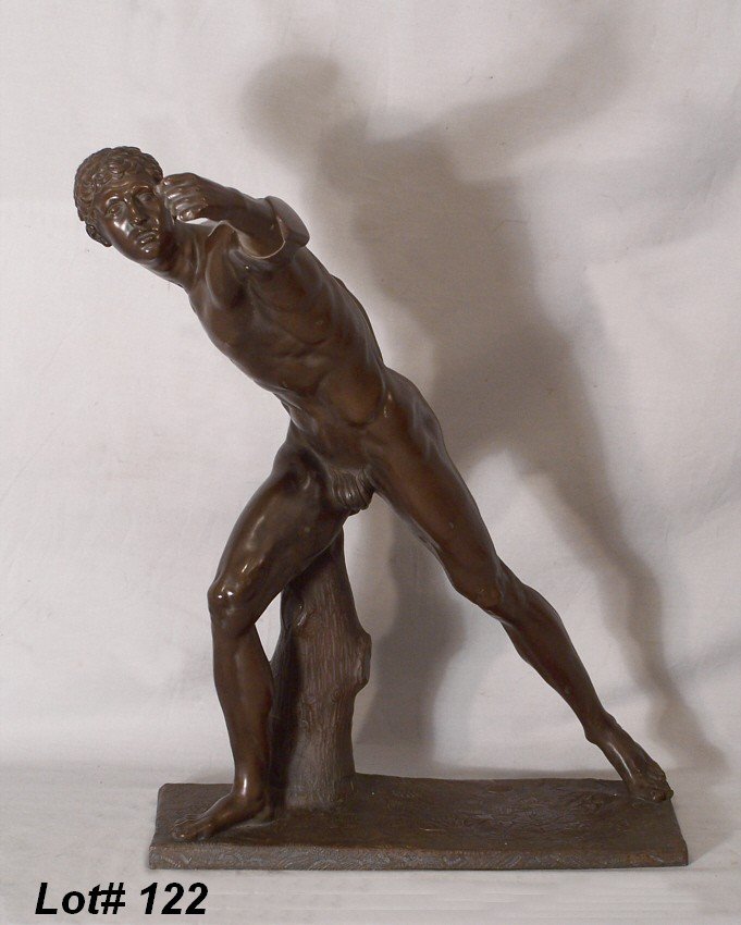 19thc Greek Style Bronze Nude Javelin Thrower: 19thc Greek Style Bronze Nude Javelin Thrower unsigned. He has a gracefully proportioned, muscular body, and finely featured face Stand 19 1/2" at the head 20 1/4" at the fist. Measured from the wall,