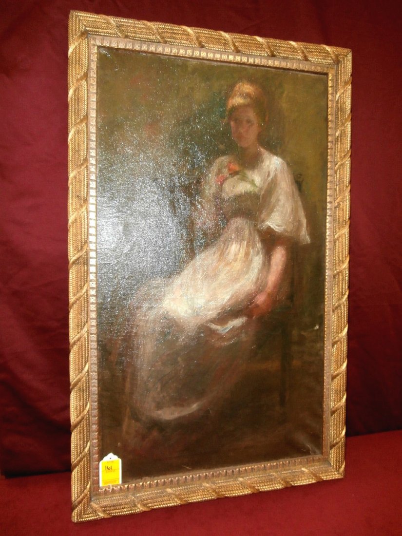 Victorian Women Oil Painting Great Gilded Frame: Victorian Women Oil on Canvas Painting Great Rope Style Gilded Frame Measures 34"x 20" with Frame 38"x 24"