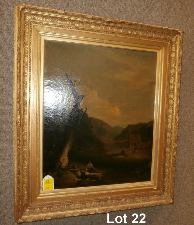 Walter Libbey 1850 Signed Landscape: Walter Libbey 1850 Signed Landscape with house and boy 20"x 24" Great Gold Guilt Frame 28"x 32 1/2"