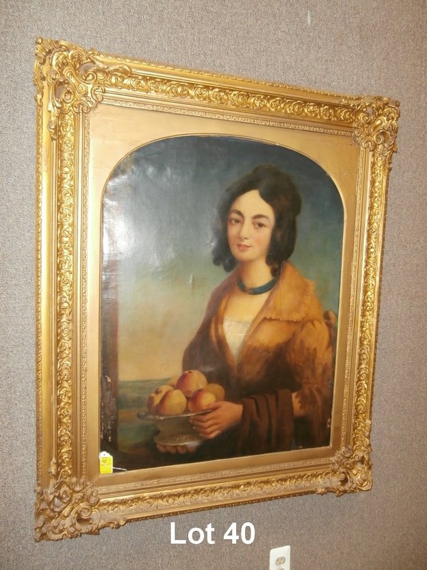 Early 19thC Oil on Canvas Women Holding Apples: Early 19thC Oil on Canvas Women Holding Apples Unsigned Restore Relined some paint loss 27"x 35" Ornate Gold Guilt Frame 39"x 46 1/2"