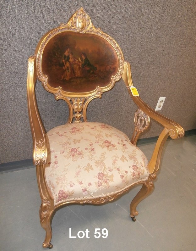 French Gold Arm Chair With Hand Painted Back: French Gold Arm Chair With Hand Painted Courting Scene Back Rest there is minor separation were the arms meet the back