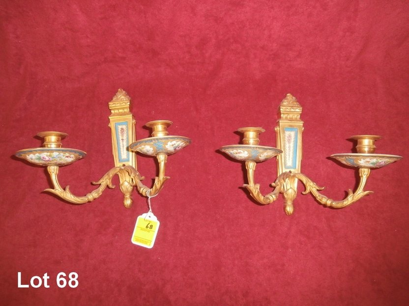 Pair of Brass Decorated Candleabras: Pair of Brass Decorated Candleabras with hand painted glass panels and hand painted wax catchers one chip on rim