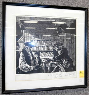 Leonard Everett Fisher Signed Print: Leonard Everett Fisher Signed Print Written "For the Ric Lewis Family Best Wishes Leonard Everett Fisher" Measures 17 " x 16 3/4" Showing 23" x23" Frame