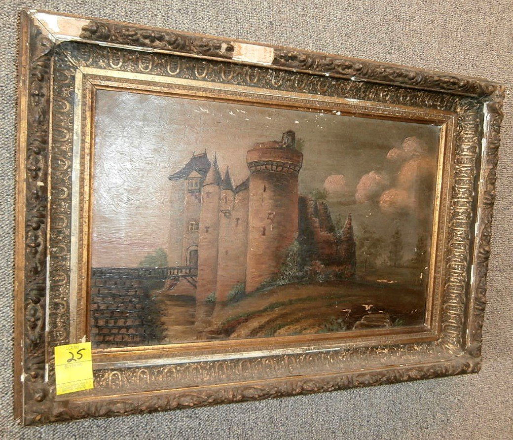 19th C Oil on Canvas Signed Castle Scene (1 of 6)
