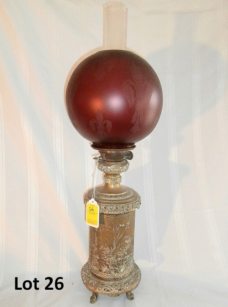Brass Egret Lamp With Acid Etched Ruby Shade (1 of 4)