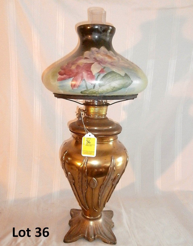 Miller Brass Lily Base W/ Lily Painted Shade: Miller Brass lily base with water lily hand painted shade 26 1/2" has been electrified before no socket