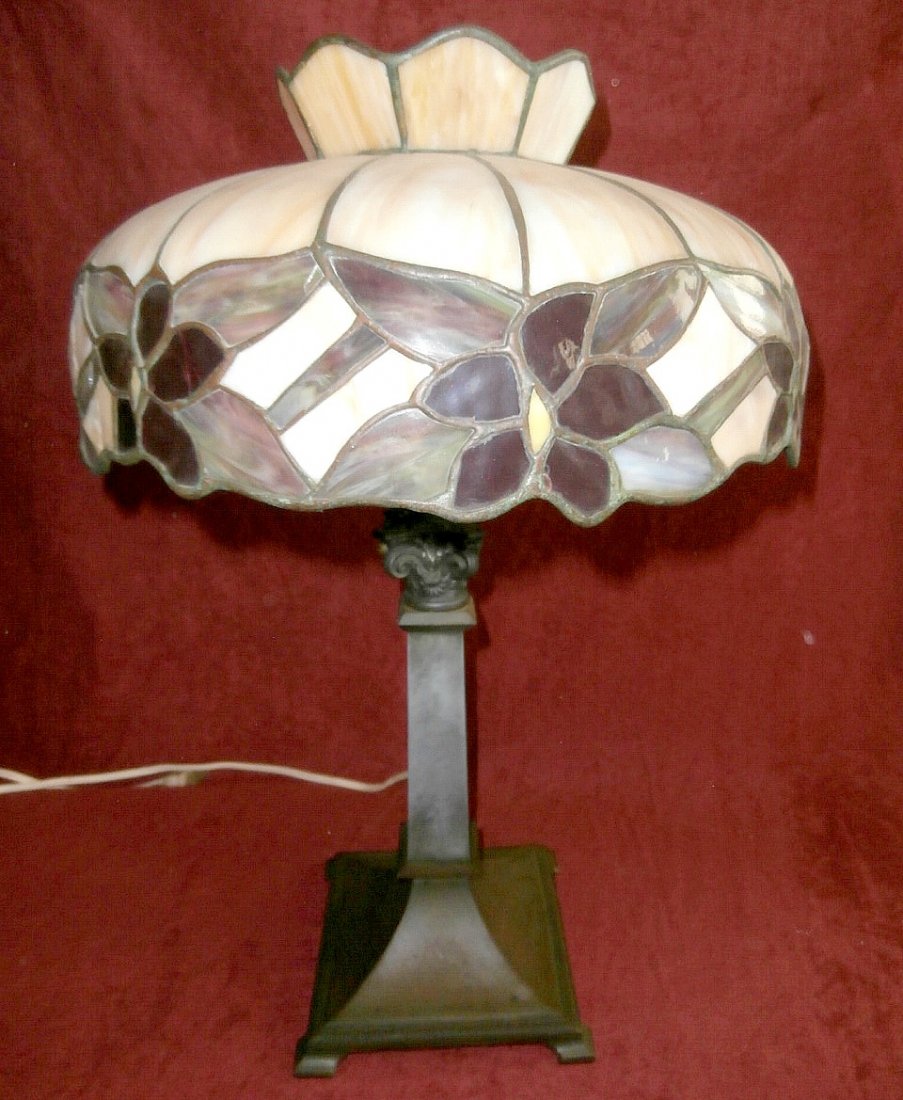 Floral Leaded Glass Lamp W/Greek Key Design Base (1 of 5)