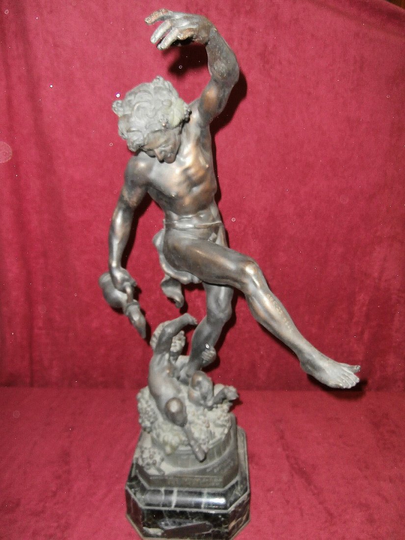 Le Vin Holweck Beaux-Art 1899 Figural Statue: Marked "Le Vin Holweck beaux-art 1899 France". Figural statue with cherub white metal bronze coated and marble base. 29" tall. Numbers and Enfield Conn engraved on item.