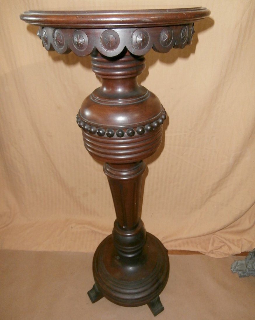 Brooks-Style Top Quality Walnut Pedestal: Brooks-style walnut pedestal. Marked "H M 2282" 38 1/2" tall, 15 1/2" dia.