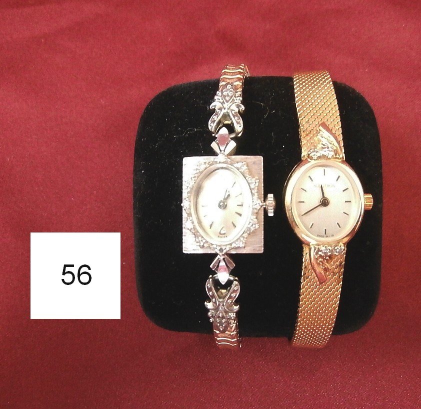 2- 14K Ladies watches Bulova & Accutron: 2- 14K Ladies watches Bulova is white gold with diamond bezel and Speidel band. The Accutron is yellow gold with 25th Anniversary Pfizer engraved on back