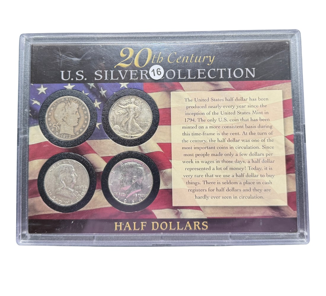 Four 20th Century Half Dollars: 1912 D Barber, 1942 Walking Liberty, 1962 D Franklin & 1964 Kennedy (1 of 2)