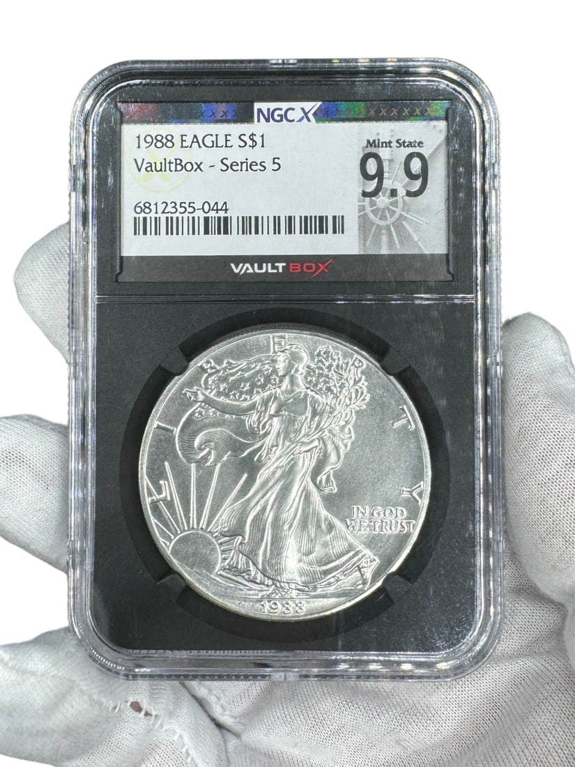 NGC VaultBox Mint State 9.9/10 1988 P Silver Eagle S$1 Series 5 MS+ Coin (1 of 2)