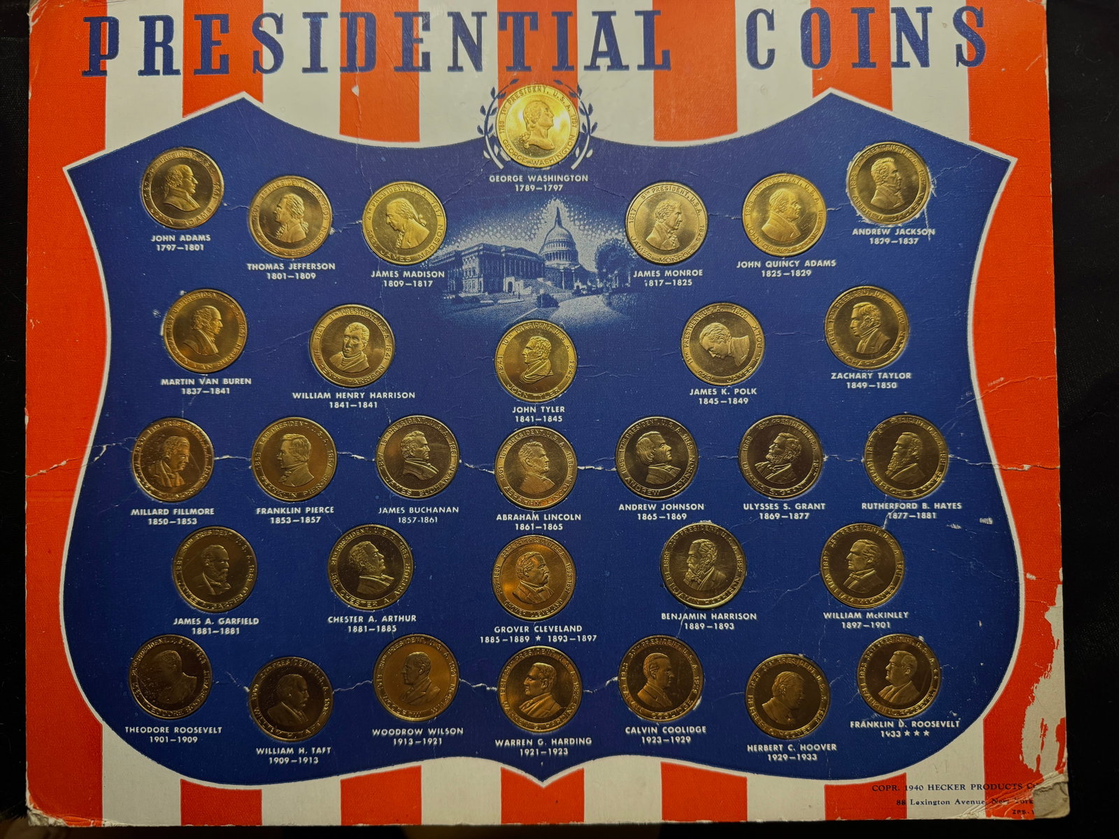 Presidential Token Board: Washington to Franklin Roosevelt: A fun collectable of various Presidents from Washington to FDR