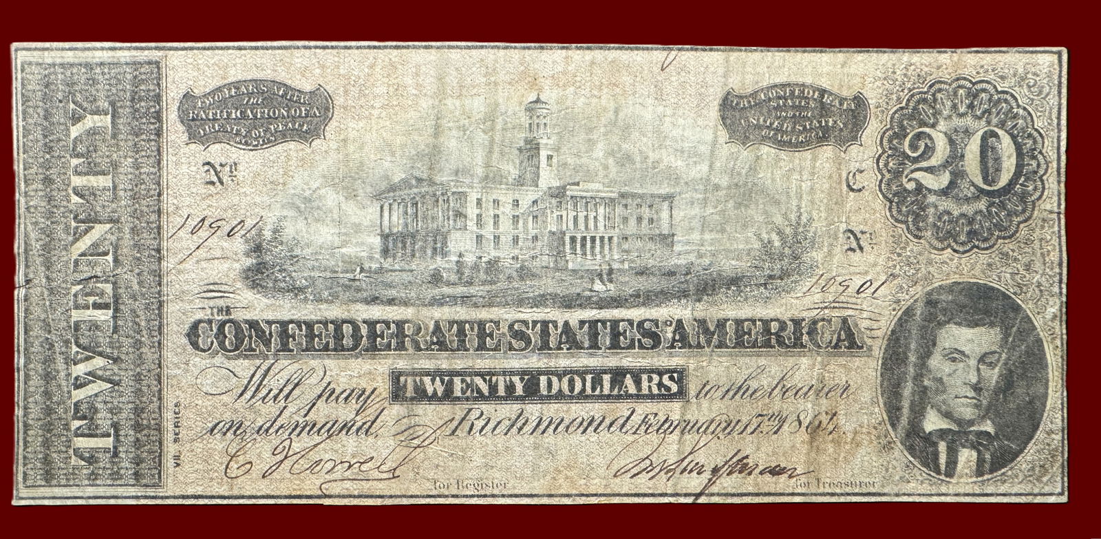 1864 CSA $20 Civil War Note Confederate Treasury Twenty Dollar Lightly Circulated (1 of 2)