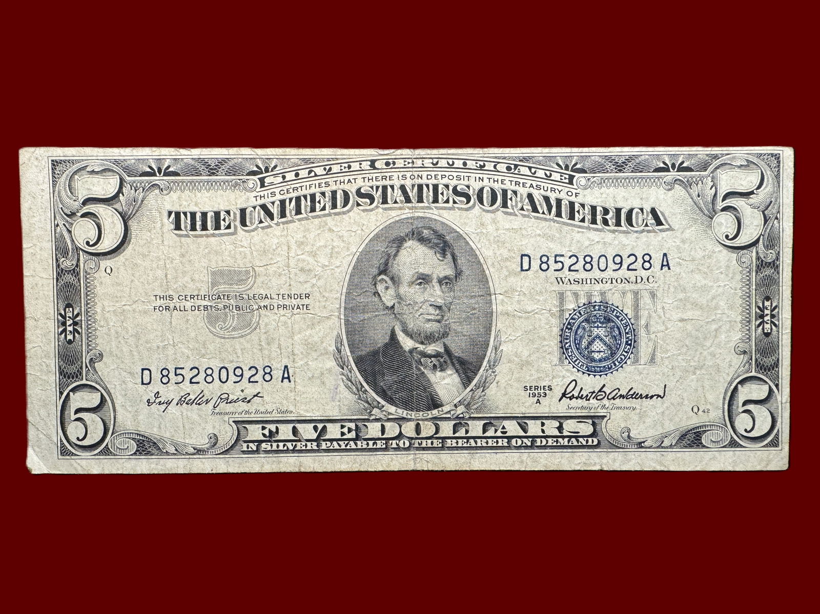 1953 A Blue Seal $5 Silver Certificate (1 of 2)