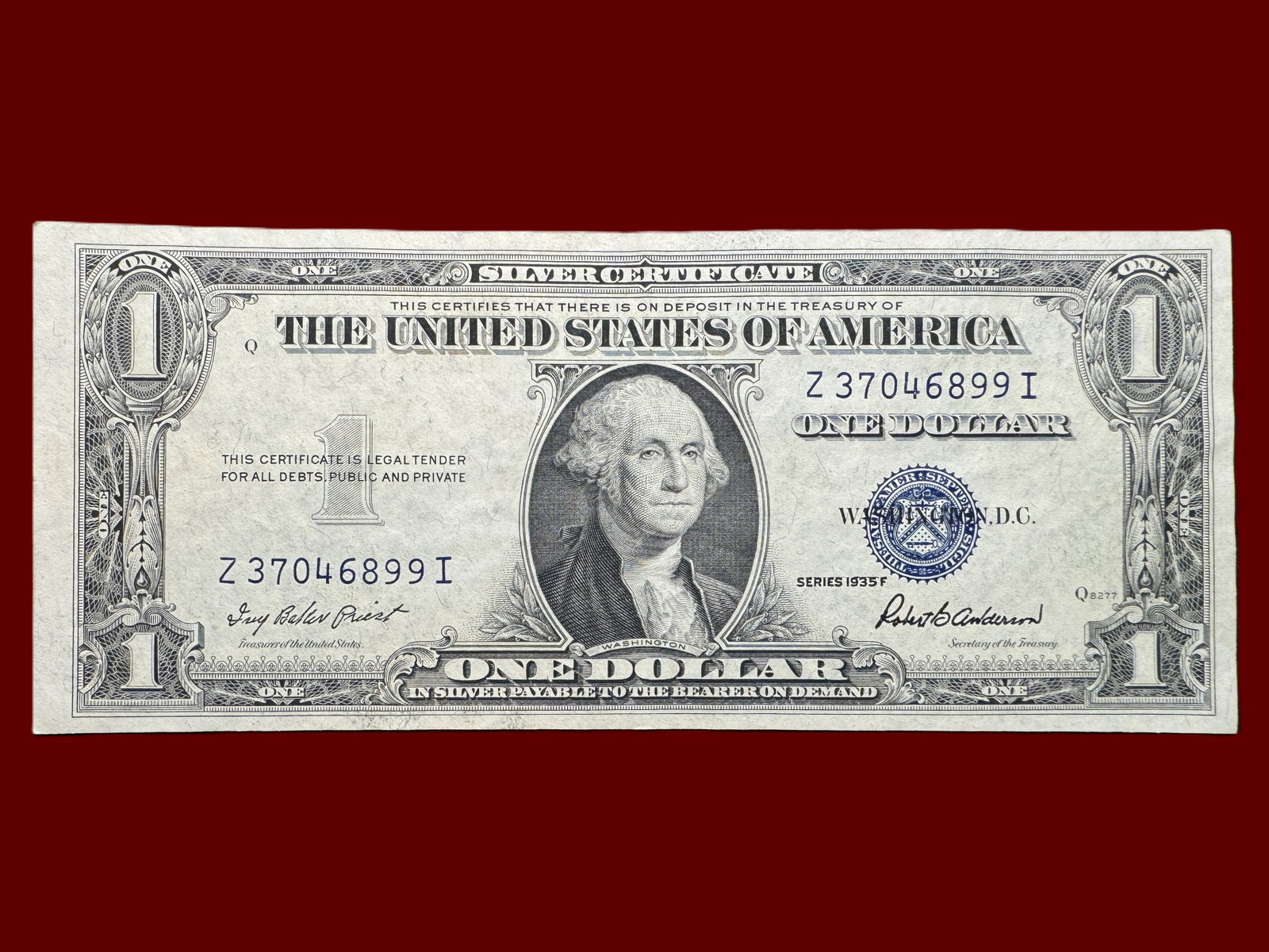1935 F Blue Seal $1 Silver Certificate: Series F Blue Seal