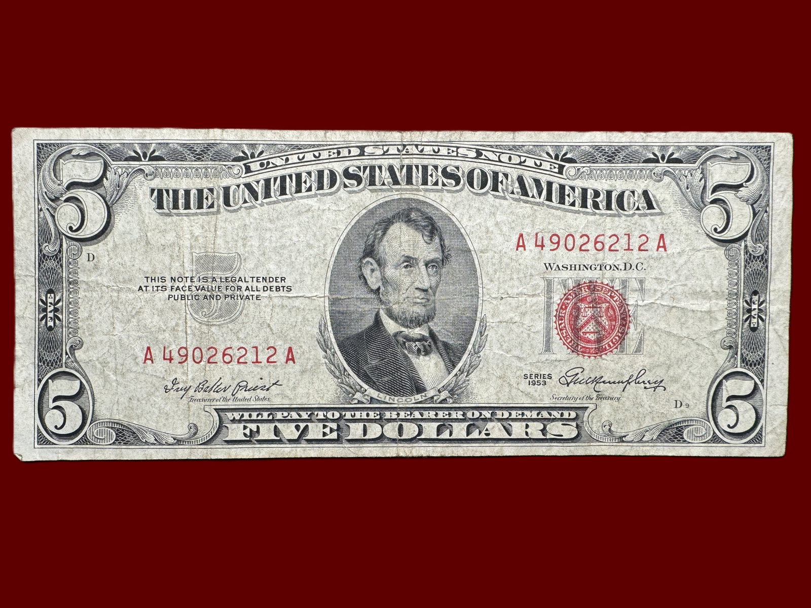 1953 $5 Red Seal United States Note: Five Dollar Red Seal