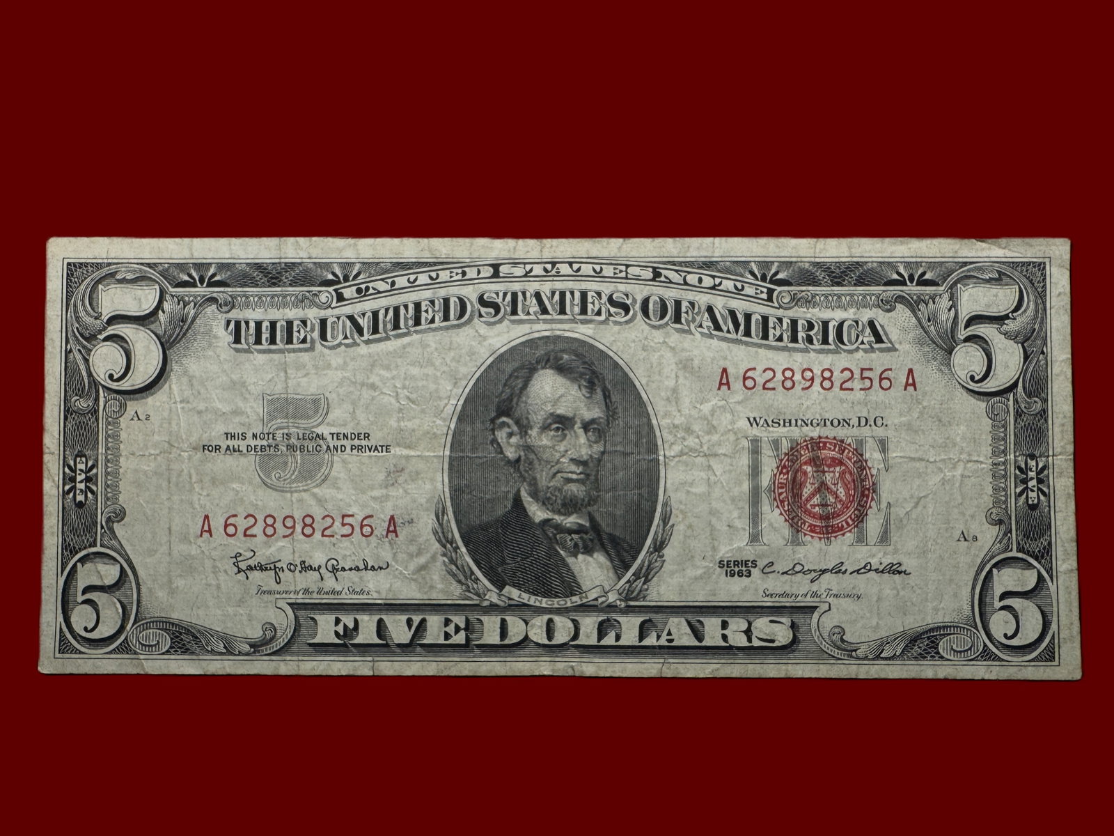 1963 $5 Red Seal United States Note: Five Dollar Red Seal