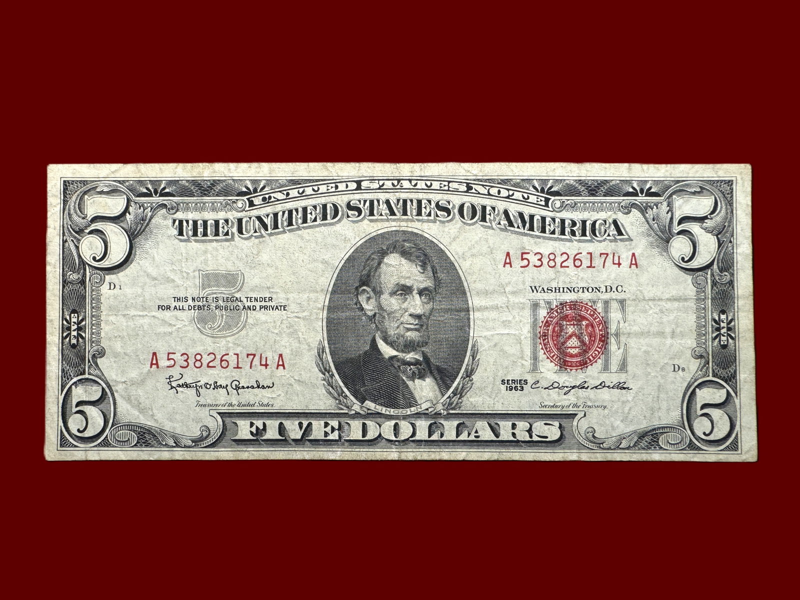 1963 $5 Red Seal United States Note: Five Dollar Red Seal