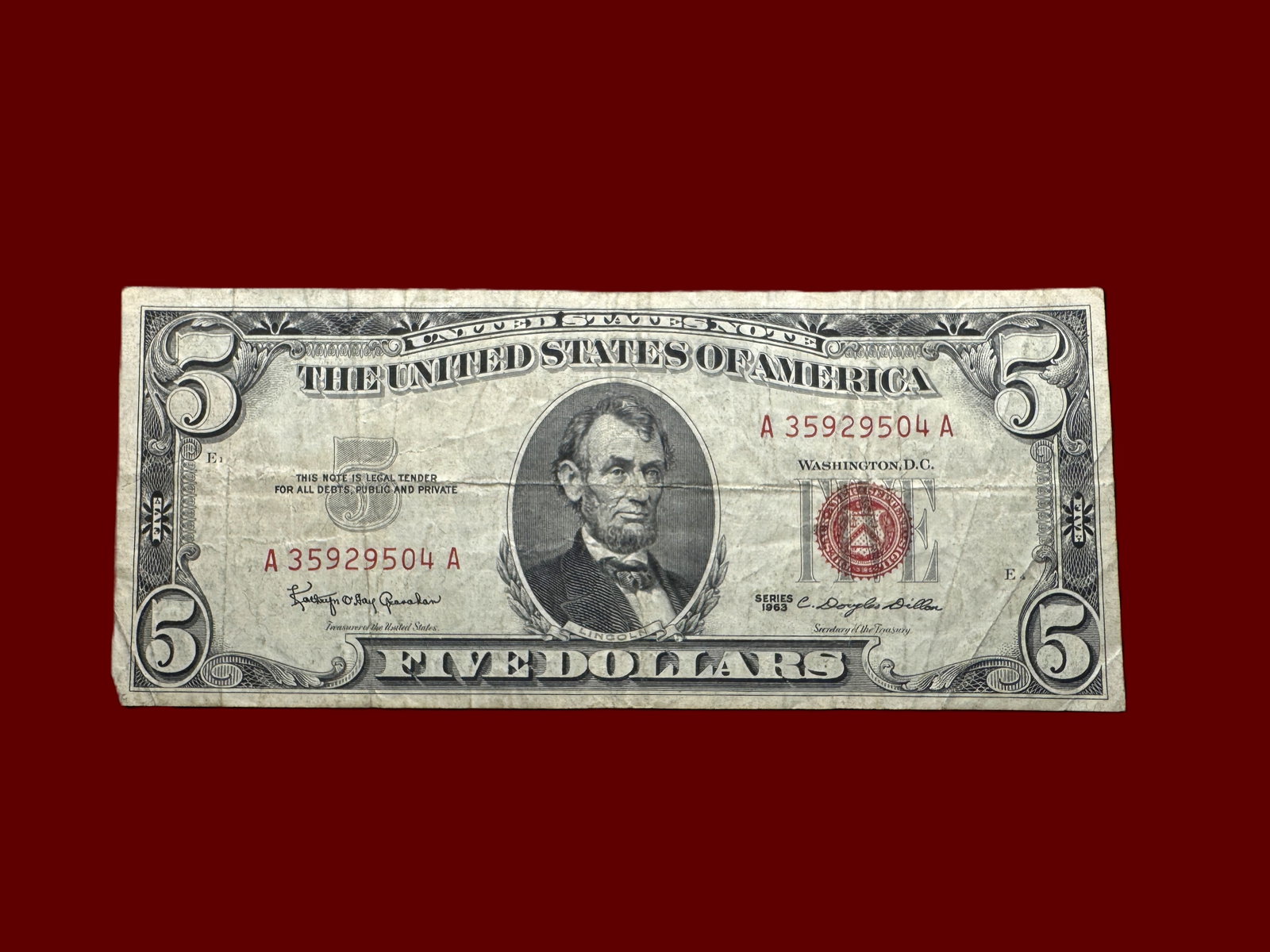 1963 $5 Red Seal United States Note: Five Dollar Red Seal