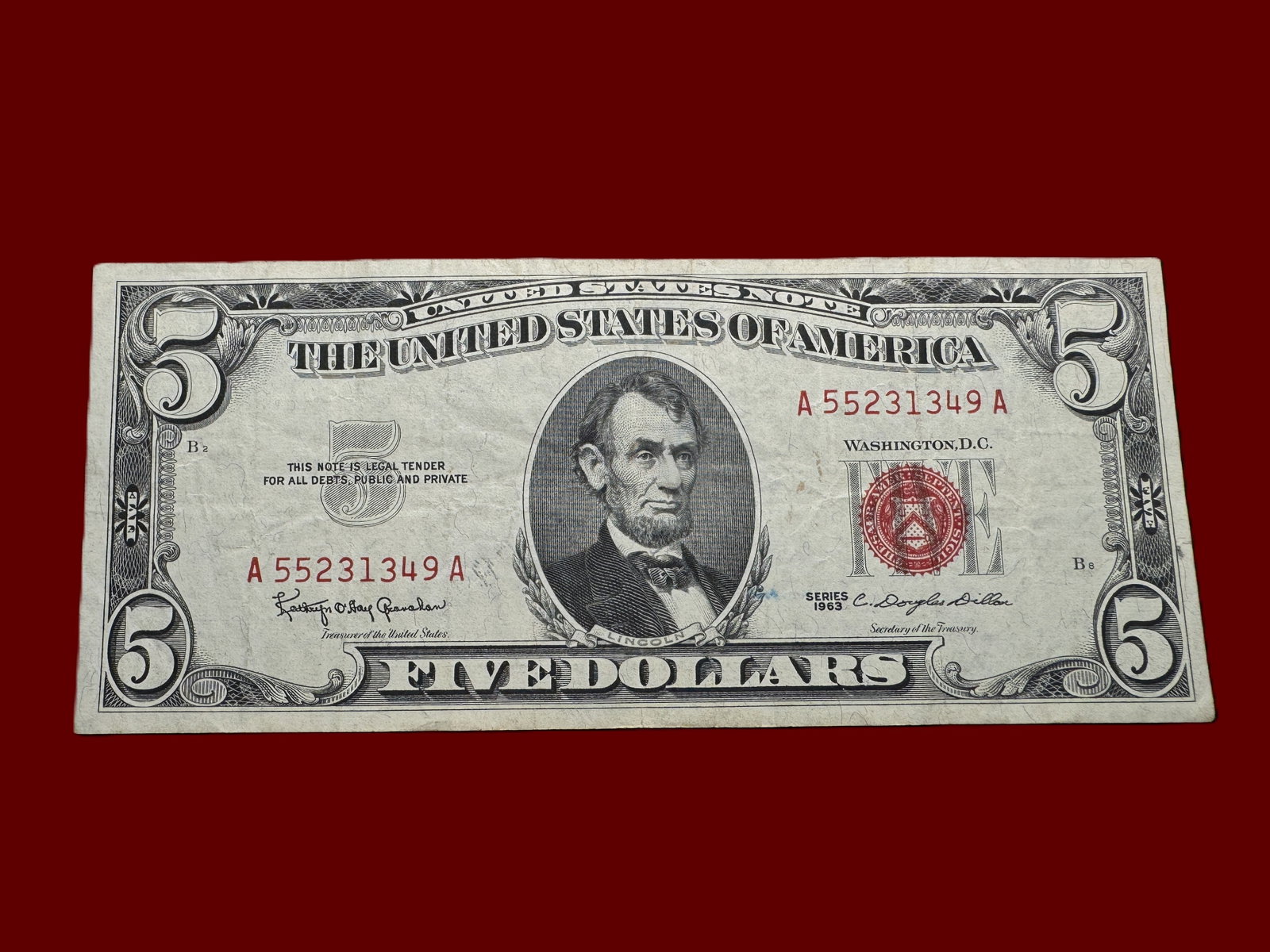 1963 $5 Red Seal United States Note: Five Dollar Red Seal
