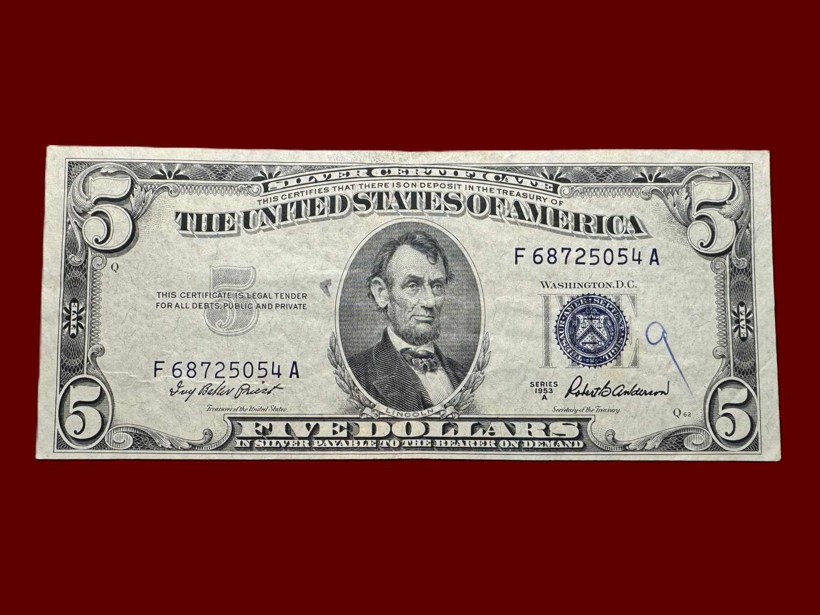 1953 A $5 Blue Seal Silver Certificate: Five Dollar Blue Seal