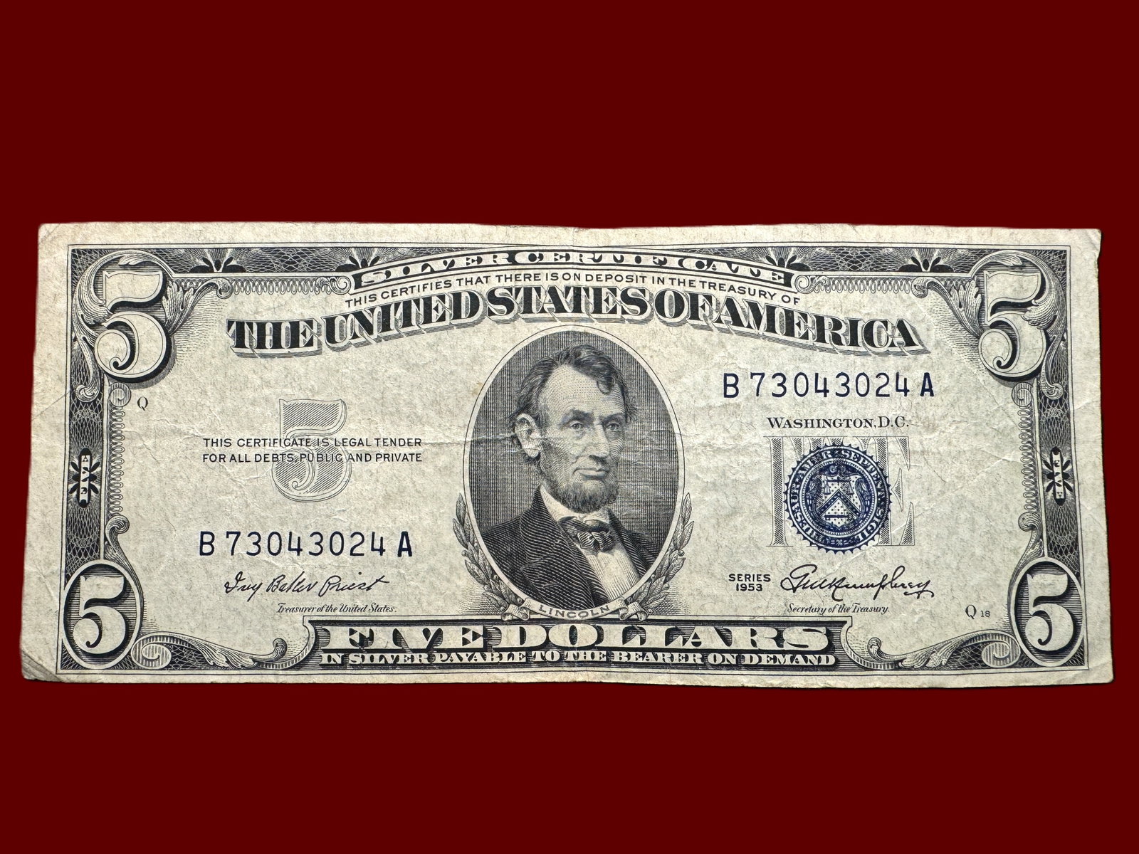 1953 $5 Blue Seal Silver Certificate: Five Dollar Blue Seal