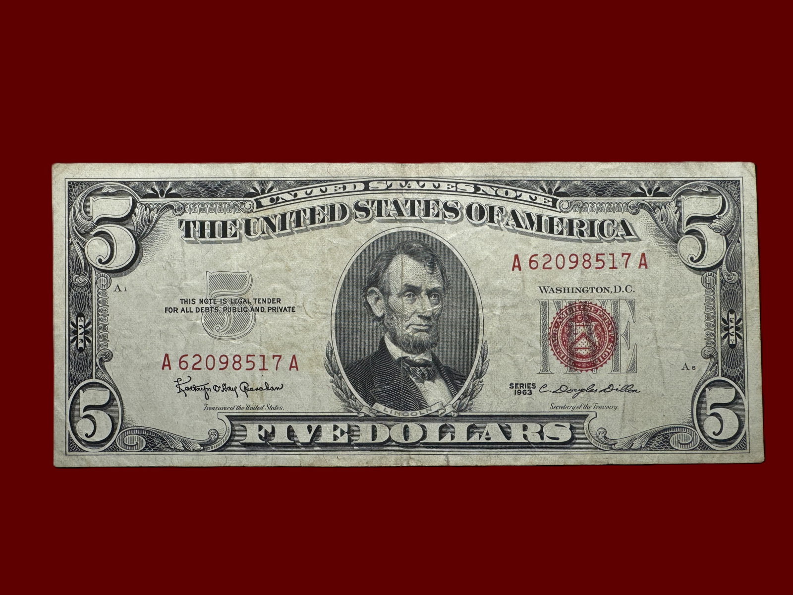 1963 $5 Red Seal United States Note: Five Dollar Red Seal